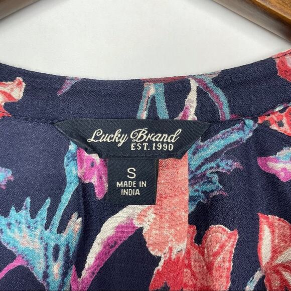 Lucky Brand | Navy Colorful Floral Print Boho Popover Tassels Long Sleeve Top - Picture 11 of 12